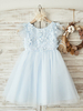 Robes cortège enfant col bijou manches courtes perlées enfants robes de soirée bleues