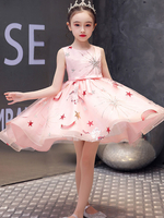 Robes cortège enfant col bijou tulle sans manches avec train princesse silhouette robes de soirée pour enfants