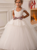 Robes cortège enfant col carré en dentelle manches courtes longueur à la cheville robe de fille de fleur