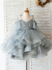Robes cortège enfant col en V fleurs sans manches tulle gris enfants robes de soirée sociale