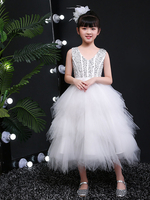Robes cortège enfant Col en V Tulle Sans manches Longueur cheville Princesse Silhouette Paillettes Enfants Robes de soirée