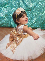 Robes cortège enfant col rond avec noeud paillietée jupe en tulle Robe fille de fleur
