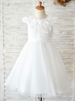 Robes cortège enfant col rond décoré des fleurs jupe en tulle à zip invisible Robe fille de fleur