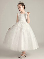 Robes cortège enfant col rond en dentelle jupe en tulle longueur de cheville Robe fille de fleur
