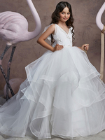 Robes cortège enfant col v décoré de fleurs jupe à plusieurs niveaux Robe fille de fleur