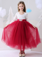 Robes cortège enfant cousu en dentelles Lace Manches longues Longueur cheville Princess Silhouette Sash Kids Robes de soirée