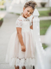Robes cortège enfant cousu en dentelles manches courtes Robes de soirée pour enfants