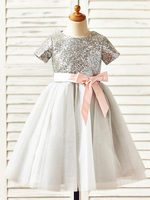 Robes cortège enfant cousu en dentelles manches courtes Sash Kids Robes de soirée