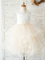 Robes cortège enfant cousu en dentelles Multi-Layer Lace Bodice Kids Social Party Dresses