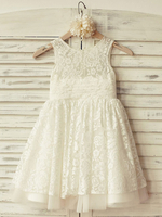 Robes cortège enfant cousu en dentelles Tulle Sans manches Longueur au genou Princesse Silhouette Dentelle Enfants Robes de soirée