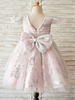 Robes cortège enfant Doux col rond rose bijou manches courtes Arcs Robes de soirée pour enfants