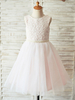 Robes cortège enfant doux rose col bijou sans manches perles Robes de fête pour enfants