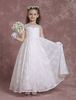 Robes Cortège Enfant Fille en Dentelles Imprimés Florals Longues à Col Rond sans Manches Coupe Cintrée avec Dos Nu en Forme de Coeur Unicolore Bas Evasée