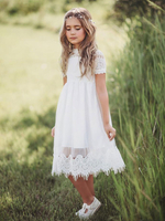 Robes cortège enfant ivoire en tulle col rond en dentelle longueur au dessus de genou robe fille de fleur