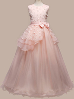Robes cortège enfant longueur de plancher bijou cou longueur sans manches arcs enfants pageant robes de soirée