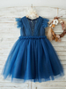 Robes cortège enfant marine foncé col bijou clouté robes de soirée pour enfants