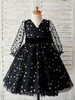 Robes cortège enfant noire manches longues col V v-cou ceinture enfants robes de soirée
