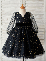 Robes cortège enfant noire manches longues col V v-cou ceinture enfants robes de soirée