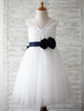 Robes cortège enfant Pageant robe mi-longues Tulle Robes cortège enfantDress V dentelle dos bambin avec ruban fleur Sash