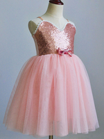 Robes cortège enfant Paillettes cousu en dentelles Sans manches Enfants Robes de soirée Bow Tutu Dress