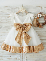 Robes cortège enfant paillettes or col bijou manches courtes paillettes enfants robes de soirée