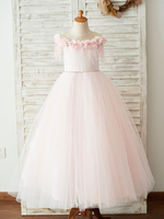 Robes cortège enfant perles col rond bijou tulle rose Flora Kids robes