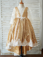 Robes cortège enfant perles manches longues col de bijou or lumière robes de fête des enfants
