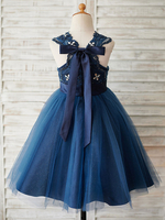 Robes cortège enfant perlés sans manches col bijou marine foncé robes de soirée pour enfants