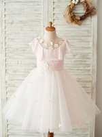 Robes cortège enfant rose col bijou sans manches en dentelle robes de soirée pour enfants