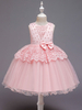 Robes cortège enfant rose en dentelle col rond décoré de noeud jupe ronde longueur au genou robe fille de fleur