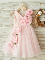 Robes cortège enfant rose v-cou sans manches en satin fleur Robes de fête pour enfants