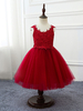 Robes cortège enfant rouge en tulle col V longueur au genou Robe de fille de fleur robe cérémonie