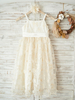 Robes cortège enfant sangles au cou dentelle sans manches longueur au genou princesse silhouette arcs enfants robes de soirée