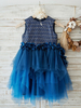 Robes cortège enfant Satin fleur sans manches col bijou marine foncé robes de soirée pour enfants