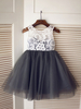 Robes cortège enfant Taffetas blanc Noir rayures Longueur genou robe fille fleur