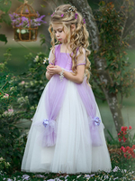 Robes cortège enfantcou carrée taffetas manches courtes cheville longueur princesse silhouette fleurs enfants sociaux robes de soirée