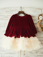 Robes cortège enfantcou carrée tulle manches longues au genou princesse silhouette dentelle robes enfants formelles Pageant