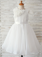 Robes cortège enfantécru blanc col bijou sans manches fleurs en satin robes de soirée pour enfants