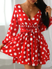 Robes Courte Femmes avec Manches Longues Amples Coupe Cintrée à Lacets Imprimé les Pois Bas Evasée à Col V Bicolores