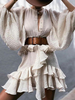 Robes Courtes Femmes à Col Rond Fermeture avec Boutons avec Manches Mi-Longues Amples Ceinturé Bas Evasée avec Volants Unicolore