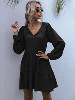 Robes Courtes Femmes à Col V avec Manches Longues Amples Coupe Cintrée Unicolore