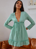 Robes Courtes Femmes à Col V avec Manches Longues Coupe Cintrée à Lacets Bas Evasée avec Volants Unicolore