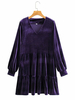 Robes Courtes Femmes Droites en Velours avec Manches Longues Amples à Col V Bas Evasée Unicolore