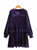Robes Courtes Femmes Droites en Velours avec Manches Longues Amples à Col V Bas Evasée Unicolore