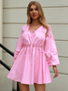 Robes Courtes Femmes en Cotons avec Manches Longues Amples à Col V à Lacets Coupe Cintrée Elastique Unicolore Bas Evasée