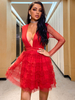 Robes Courtes Femmes en Dentelles à Col Décolleté en V avec Manches Longues Transparentes Coupe Cintrée Bas Evasée avec Volants Unicolore Sexy