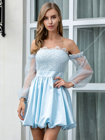 Robes Courtes Femmes en Dentelles avec Les Fleurs Crausants avec Epaules Nues avec Manches Longues Amples Transparentes Coupe Cintrée Bas Evasée Unicolore