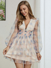 Robes Courtes Femmes en Dentelles Imprimés à Col Décolletés en V avec Manches Longues Transparentes Coupe Cintrée Bas Evasée Bicolores Sexy