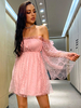 Robes Courtes Femmes en Dentelles Imprimés les Pois avec Manches Longues Volantes Transparentes Coupe Cintrée avec Epaules Nues Unicolore Sexy