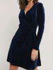Robes Courtes Femmes en Velours à Col V avec Manches Longues Coupe Cintrée Bas Evasée unicolore